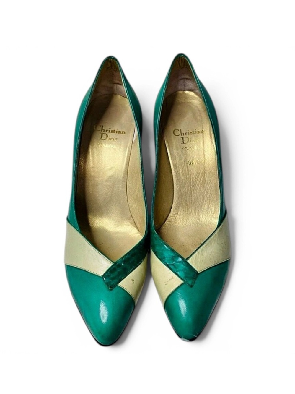 🛍️ Dior (from 1953-63) Authentic Emerald Green, Cream & Gold Color-block Pumps